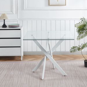 Modern White <b>Square</b> <b>Dining</b> <b>Table</b> with Cross Metal Leg Tempered <b>Glass</b> Space Saving for Kitchen & Living Room 9' - Product Image 2
