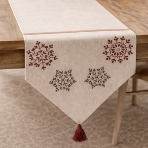 Camino de Mesa Beige con Copos de Nieve Bordados y Borlas, Tela Decorativa para Mesa de Comedor, para el Hogar y Fiestas | Decoración de Estilo Moderno - Product Image 5