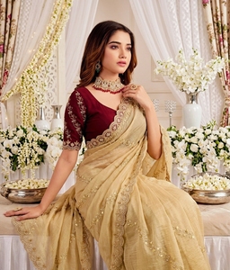 AARA Fashion Beige Silk Saree Red <b>Blouse</b> Traditional Indian Wedding Wear Women's Floor-Length <b>Sari</b> Regular Fit All Seasons Sun - Product Image 6