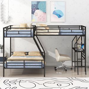 Black Metal Twin Over Full Bunk <b>Bed</b> with Attached Twin Loft and Desk for Kids' <b>Space</b> <b>Saving</b> Solution - Product Image 3