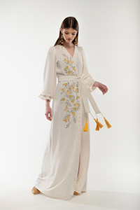 Robe longue en coton champagne pour femme, broderie florale, col en V, manches longues, taille nouée, fente, style bohème - Product Image 3