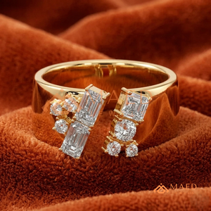 Luxury 14K/18K Solid Gold Asymmetric <b>Open</b> Band <b>Ring</b> | Lab Grown Diamond Baguette & Round Cluster Bypass <b>Ring</b> | Engagement <b>ring</b> - Product Image 1