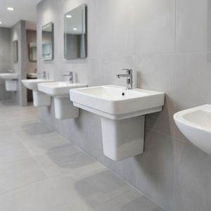 Lavabo rectangular moderno de cerámica blanca con medio pedestal para baño, hospital, villa, Vistaar - Product Image 3