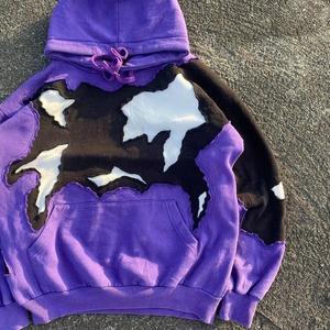 Sweat-shirt à capuche surdimensionné violet patchwork avec découpes, en coton tricoté, manches classiques, pour l'automne 2026 – Vente en gros - Product Image 3
