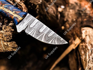 Cuchillos de caza de acero de Damasco hechos a mano al por mayor, hoja fija, para camping, afilados como una cuchilla, mango de pino, ODM OEM - Product Image 4