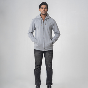 Sweat-shirt classique à fermeture éclair, couleur beige, coupe ample, en molleton 100% coton, doux et tricoté, confortable, avec deux poches et cordon de serrage. - Product Image 2