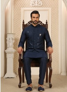 Blue <b>Sequin</b> Nehru <b>Jacket</b> Men Outerwear Set ROMAN Silk Kurta Pant Formal Wear Wedding Party - Product Image 2