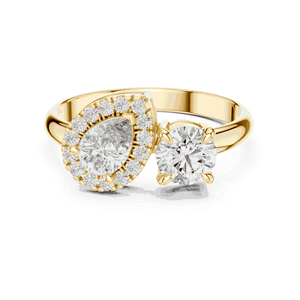 Bague de fiançailles unisexe Toi et Moi en or massif 18 carats avec diamant de laboratoire couleur E, taille poire et ronde, sertie pavé, bijou de style alliance - Product Image 1