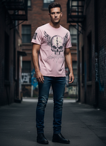 เสื้อยืดผู้ชายพิมพ์ลายปีกหัวกะโหลกสีชมพู แขนสั้น คอกลม ทรงปกติ สไตล์นักขี่มอเตอร์ไซค์ ระบายอากาศได้ดี ผ้าไม่ยับ ซักแล้วไม่หด ผ้าฝ้าย 100% - Product Image 5
