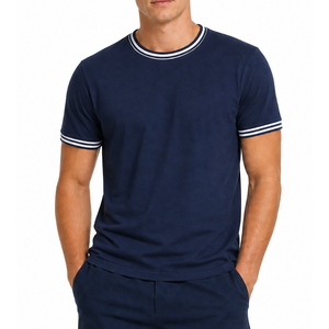 Custom OEM Men Short Sleeve T-Shirt <b>White</b> Double Tipped Cuffs Navy Blue Crewneck Casual Streetwear <b>Tee</b> - Product Image 1
