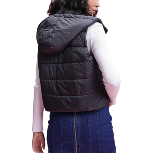 Gilet matelassé à capuche pour femme, léger, zippé, sans manches, coupe-vent, couleur unie, décontracté, noir - Product Image 2