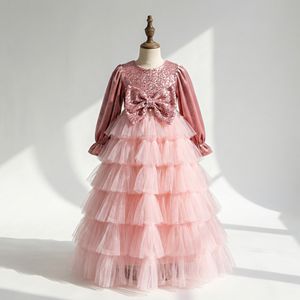 NUEVO Vestido de Princesa de Tul con Lentejuelas Rosadas y Lazo, de Manga Larga y Capas, para Niñas, Ideal para Cumpleaños y Día de la Madre - Product Image 1