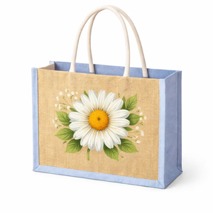 Bolso Tote Bohemio Bicolor Azul Claro Natural de Juco con Parte Superior Abierta, Ecológico y Reutilizable, de Yute y Algodón - Product Image 1