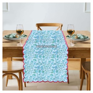 Handmade Bohemian Modern Floral Indian Cotton Block Print <b>Wedding</b> Home Kitchen Dining Embroidery Edge <b>Table</b> <b>Runner</b> - Product Image 2