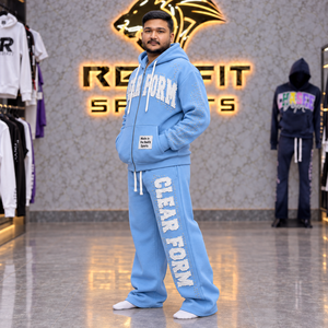 Rexfit Sports Sky Blue Zip Hoodie Wide Leg Sweatpants Men's <b>Applique</b> <b>Letter</b> Rhinestone Detail Heavy Fleece Streetwear Winter Set - Product Image 3