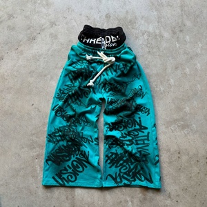 Pantalones de chándal de forro polar personalizados con doble cintura para hombre, estampado de grafiti, pierna ancha, de peso pesado, estilo oversize Hip Hop - Product Image 1