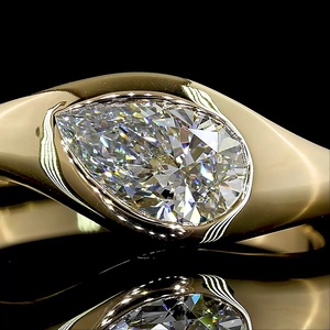Custom IGI Certified 1 Ct Pear cut <b>ring</b> Teardrop Diamond <b>Ring</b> Unique <b>Thick</b> Yellow Gold Bezel Setting with Matching Pave Band - Product Image 3