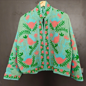 Handmade Reversible Suzani <b>Quilted</b> Jacket 100% Cotton Embroidered Boho Floral Eco-Friendly Sage Green Hand-Embroidered Artisanal - Product Image 1