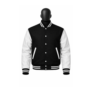 Veste universitaire personnalisée noire et blanche en mélange de laine, veste de baseball à boutons-pression, fabrication OEM, marque privée, vente en gros - Product Image 1