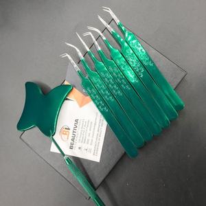 Pinzas de extensión de pestañas de acero inoxidable sostenibles recubiertas de papel verde con mango de impresión de logotipo personalizado con punta puntiaguda - Product Image 5