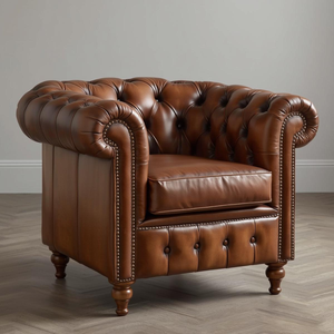 Fauteuil d'appoint en cuir marron de style vintage avec pieds en bois, canapé simple de style mid-century pour la décoration du salon - Product Image 1