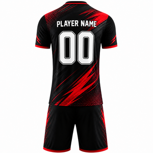 Custom Team Soccer Jersey Set Black Red Sublimated V-Neck Short Sleeve Moisture Wicking Adult Unisex Uniform 00 Number Print - Product Image 2