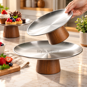 Support à gâteau rond en acier inoxydable avec base en bois pour la présentation de desserts lors de fêtes, mariages et services de boulangerie - Product Image 3