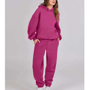 Women's <b>Pink</b> Hooded Tracksuit Set Casual Loose Fit <b>Sweatshirt</b> and Joggers Solid Color Full Sleeve Autumn Wear - Product Image 2