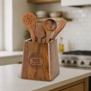 Support carré en bois pour ustensiles de cuisine, organiseur de comptoir pour spatules, louches et baguettes, fabricant sur mesure - Product Image 1