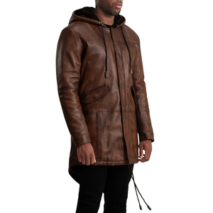 <b>Men's</b> Brown Genuine Leather Hooded Parka Fur Lined Drawstring <b>Long</b> Zipper <b>Overcoat</b> - Product Image 3