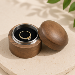 WEWOOD OEM Luxury Round Walnut Wooden Magnetic Closure Engraved Engagement <b>Ring</b> <b>Box</b> with Soft Velvet Lining - Product Image 3