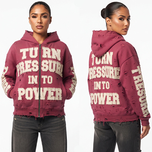 Baggy Zipper <b>Distressed</b> Embroidery Lined Oversized Windproof Hoodie Women Polyester/Cotton Fleece 550gsm Embroidery Hood <b>Top</b> - Product Image 1
