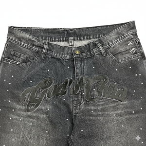 Shorts de mezclilla negros lavados con pedrería, bordado personalizado, tachuelas, dobladillo deshilachado, estilo urbano, casuales, para hombre y mujer - Product Image 5