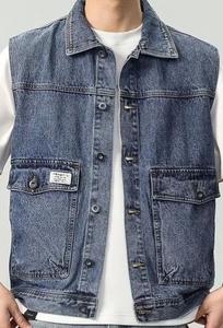 Chaleco Vaquero Lavado para Hombre, Cuello Camisero, Botones Frontales, Bolsillos, Estilo Casual Urbano, Corte Estándar de Primavera - Product Image 4