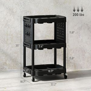 Chariot à outils roulant noir à 3 niveaux, capacité de 200 lb, chariot utilitaire en plastique avec étagères latérales pour le rangement dans le garage ou l'atelier - Product Image 3