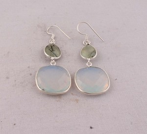 Boucles d'oreilles multi-pierres en préhnite naturelle et opalite, en argent sterling 925, facettées, forme goutte et coussin, bijoux en gros - Product Image 2