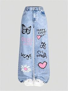 Girls High <b>Waist</b> Wide Leg Heart Patch Denim <b>Jeans</b> Loose Fit Y2K Style Casual Pants for Kids XS-XL - Product Image 1