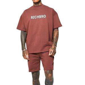 Chándal informal de verano para hombre, Camiseta de cuello redondo de gran tamaño con logotipo personalizado de algodón 100% y pantalones cortos con cordón transpirables - Product Image 4