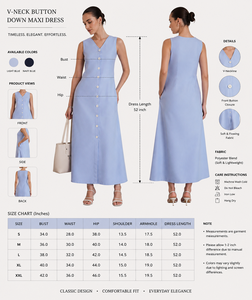 Robe midi sans manches à col en V pour femmes |   Robes d'été décontractées en lin et coton bleu clair, à boutons sur le devant et ourlet évasé - Product Image 5