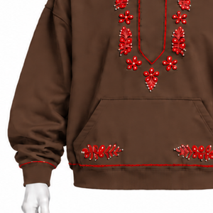 Chocolate Brown Indus Embroidered <b>Hoodie</b> Floral Stitch Design Kangaroo Pocket Relaxed Fit Casual Streetwear Winter Pullover - Product Image 5