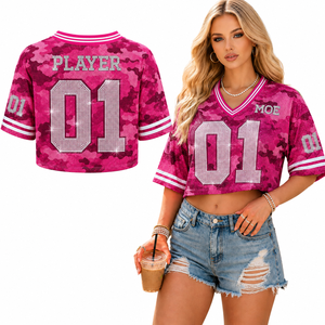 Wholesale Pink Camouflage Women Cropped <b>Top</b> Custom <b>Rhinestone</b> Number American Football Jersey Short Sleeve Summers Crop Tee Y2K - Product Image 1