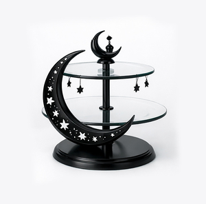 Modern Marble Crescent and Star Two Tier Serving <b>Stand</b> luxury of <b>white</b> marble with a striking matte black architectural frame - Product Image 2