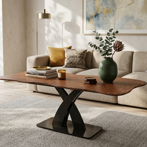 Modern Live Edge Wood Top Dining Table with Luxury X-Shaped Metal Base, Unique Irregular <b>Large</b> <b>Desk</b> for Villa & Office - Product Image 3