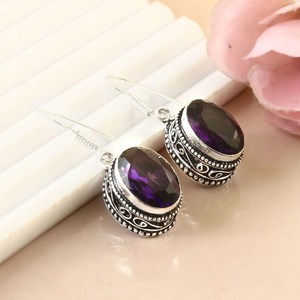 ต่างหูห้อยประดับอเมทิสต์ ทำมือ เงินแท้ 925 ชุบออกซิไดซ์ สไตล์โบโฮ วินเทจ เครื่องประดับอัญมณี ของขวัญสำหรับผู้หญิง สวยสง่า - Product Image 3