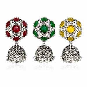 Antique Silver Plated Brass Oxidized Indian Jhumka Bohemian Flower Drop Earrings with Monalisa Stone for Women's <b>Wedding</b> - Product Image 1