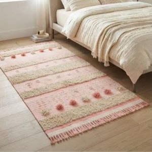 New Arrival Boho Handcrafted Striped Rectangle Area <b>Rug</b> Pink Cream Fringe Pom Pom Tassel Home <b>Rug</b> at Wholesale Price - Product Image 3