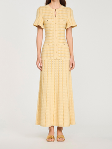 Abito Lungo in Maglia Testurizzata Effetto Scintillante Francese 2026 da Donna con <span class=keywords><strong>Maniche</strong></span> Corte a Volant e Bottoni Decorativi, <span class=keywords><strong>Vestito</strong></span> Formale da Sera Maxi - Product Image 4