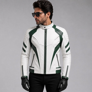 Blouson de moto en cuir PU pour homme, blanc et vert, style color block, col montant, fermeture éclair, coupe slim, coupe-vent, style motard - Product Image 1