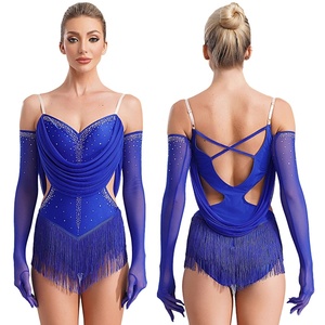 Body da Donna con Aperture e Frange, Set con Guanti <span class=keywords><strong>per</strong></span> <span class=keywords><strong>Danza</strong></span> Latina, Cha-Cha, Tango, Competizioni di Ballo e Spettacoli - Product Image 2