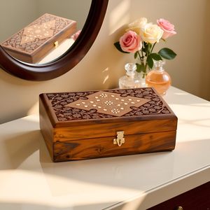 Caja de Joyería de Madera de Acacia Hecha a Mano para Mujer, Tallada a Mano con Incrustaciones Intrincadas, Impermeable, Multifuncional, Artículo de Regalo - Product Image 3